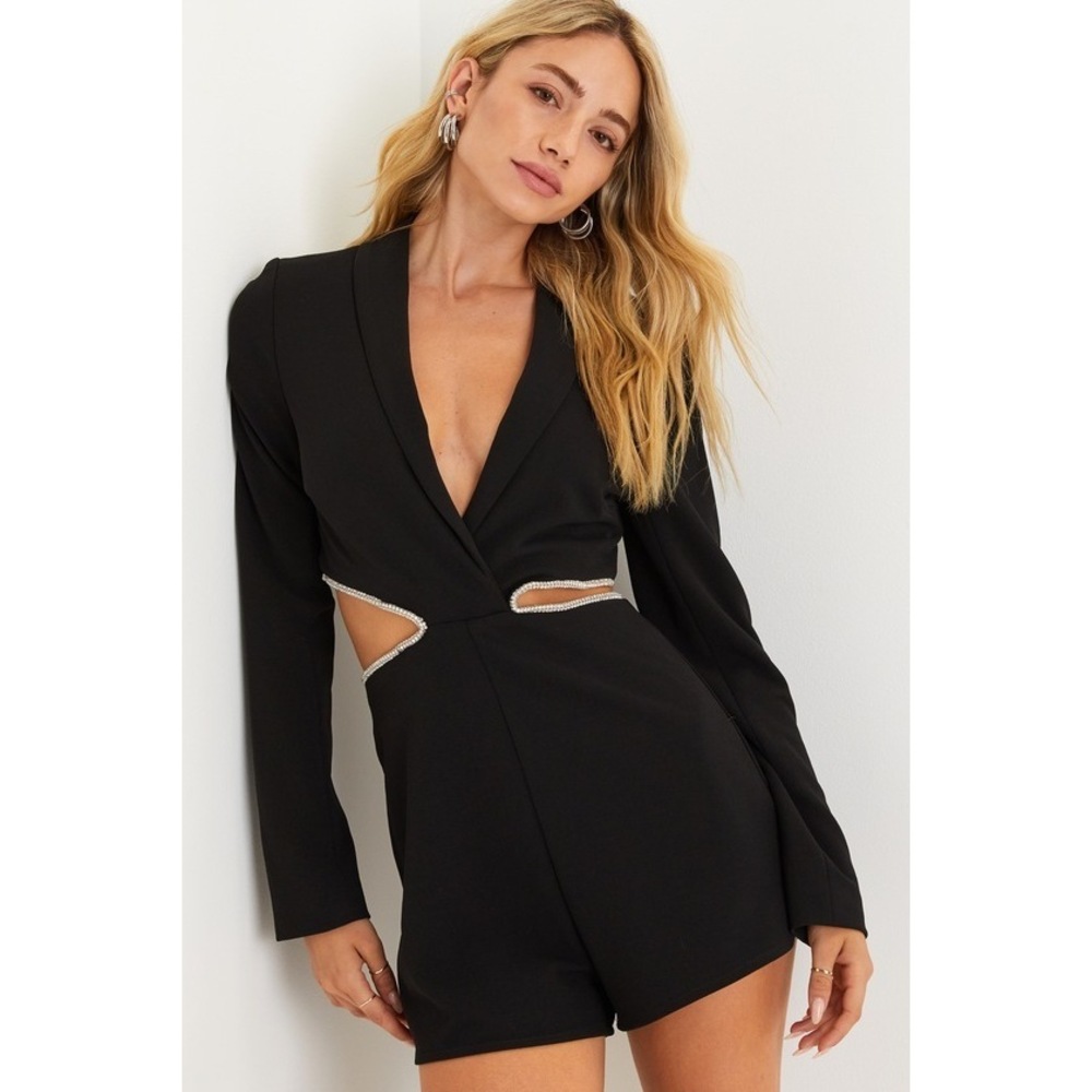 Lulus Sparkling Delight Black Rhinestone Cutout Collared Romper - Size S